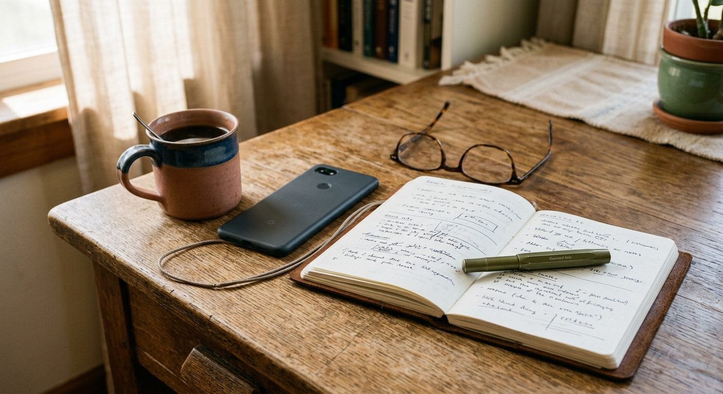 Schreibtisch mit Telefon, Kaffee und einem handgeschriebenen Notizbuch